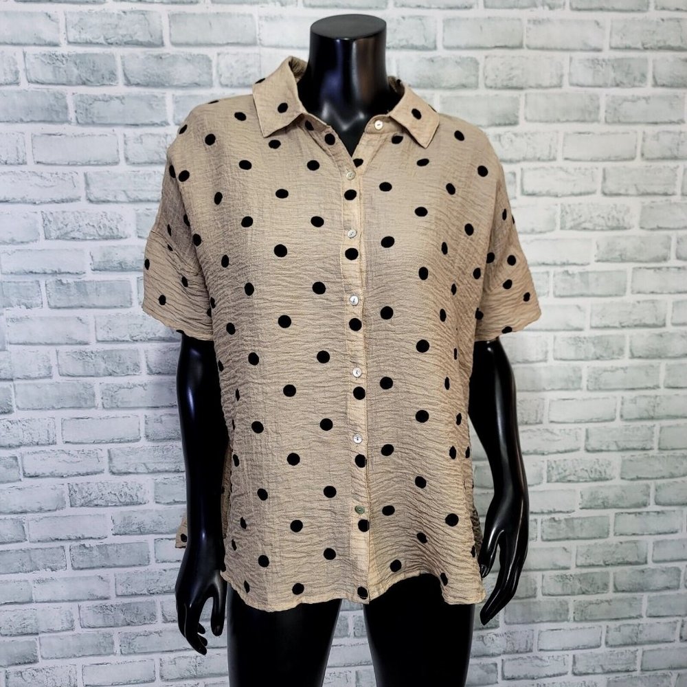 Mododoc Womens S Tan Black Polka Dot Gauze Knit Button Front Oversized‎ Popover